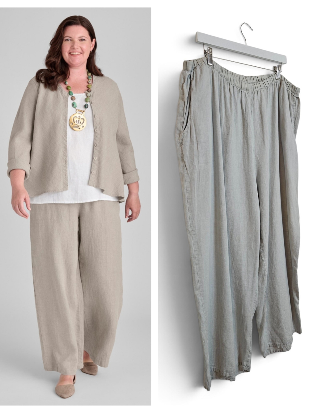 FLAX 100% Linen Floods Wide Leg Pants 2G 2X Lagenlook Crop Pull On Trouser Gray